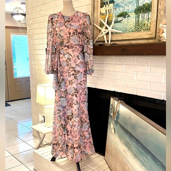 NWT Eliza J Blush Pink Floral Print Chiffon Cascade Long Sleeve Dress,size 6 - Picture 3 of 12